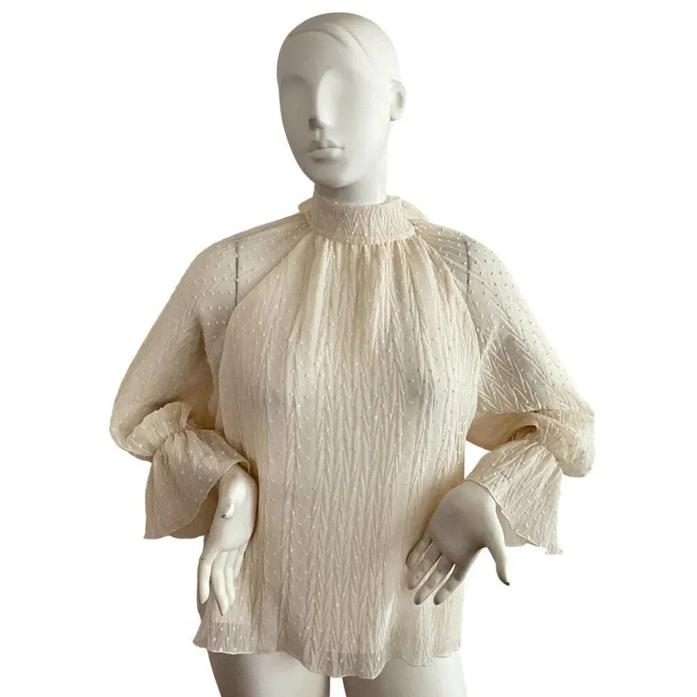 Zara Swiss Dot Medium Sheer Puff Sleeve Blouse Ecru L